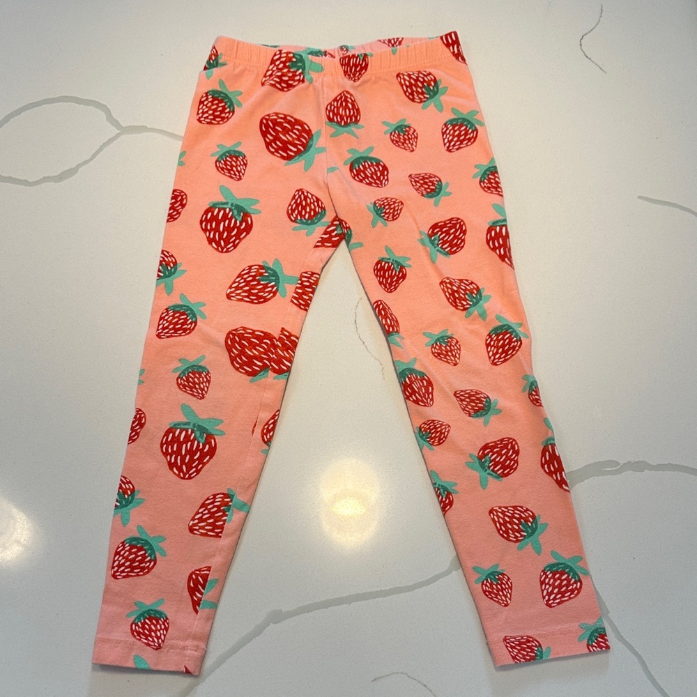 Old navy girls strawberry print cotton leggings pink red teal white size 4T 🍓🩷
